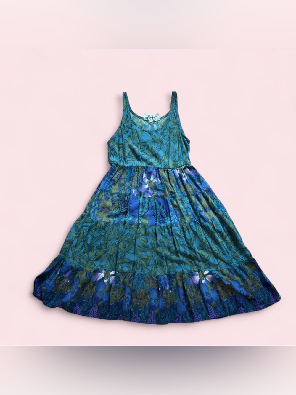 Rainbow Jo Blue Green Floral Tiered Maxi Dress Size M Boho Tropical